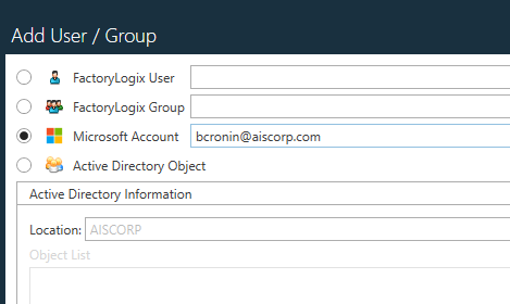 Add User or Group dialog withe Microsoft Account user type
