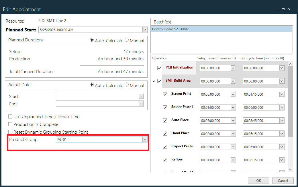 Edit Appointment dialog with product group