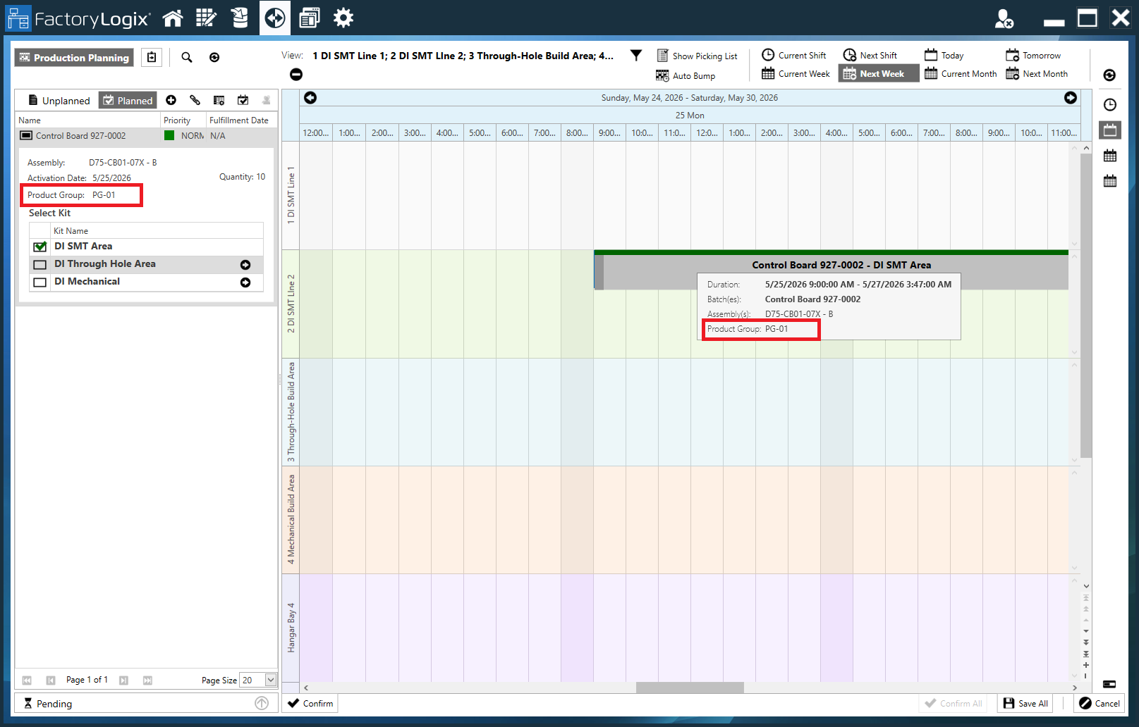 Product group displayed in tschedule bar and when you hover over the calendar item