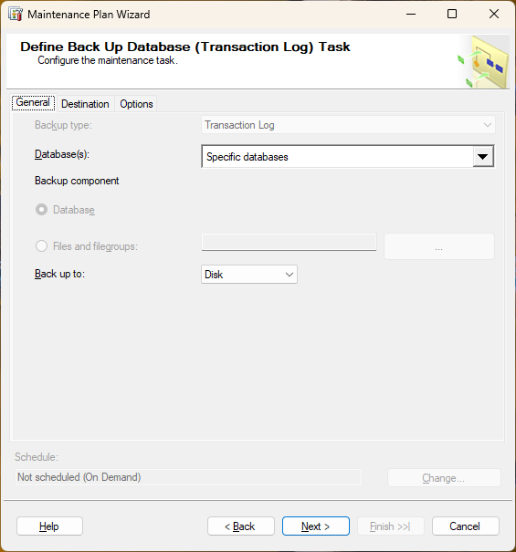 Define Back Up Database (Transaction Log) Task