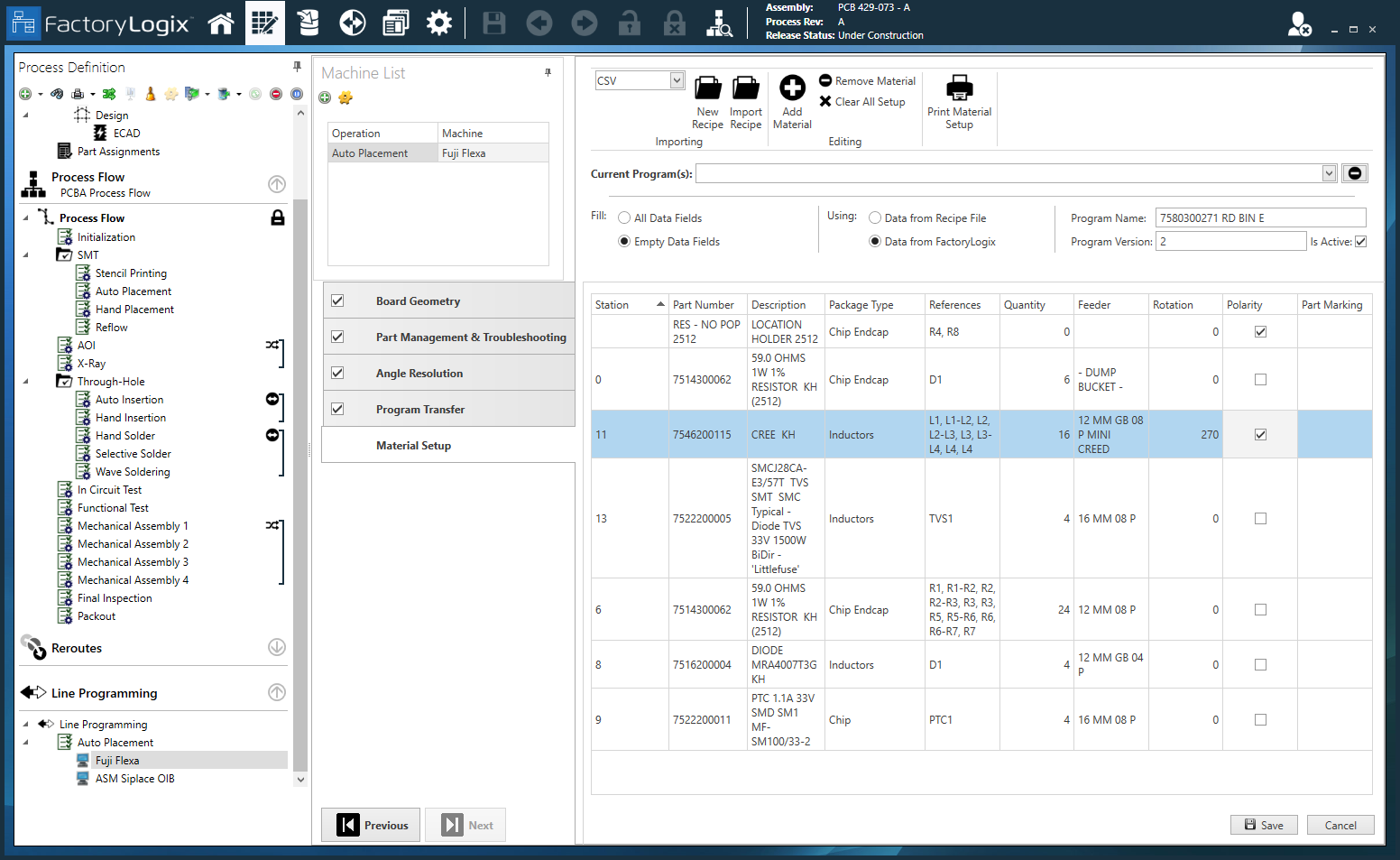 Material Setup -Machine Programming.