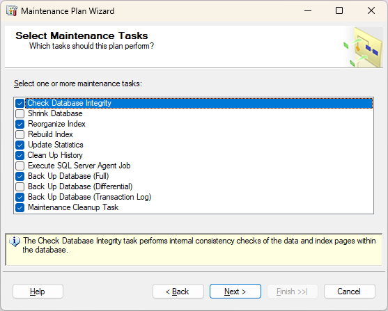 Select Maintenance Tasks dialog
