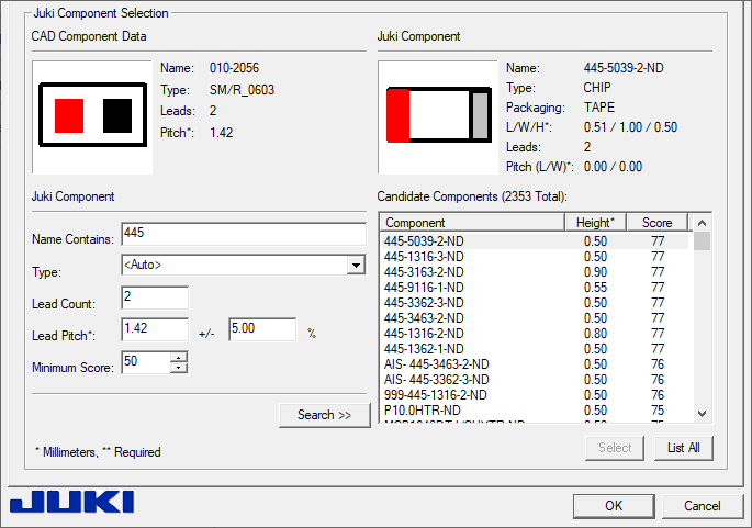 Juki Setup dialog - Juki Component Selection area