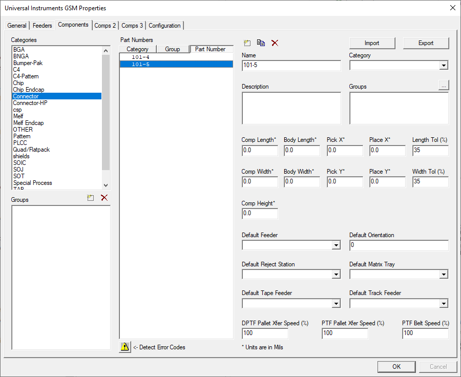 Universal Properties dialog CI2 format - Components tab