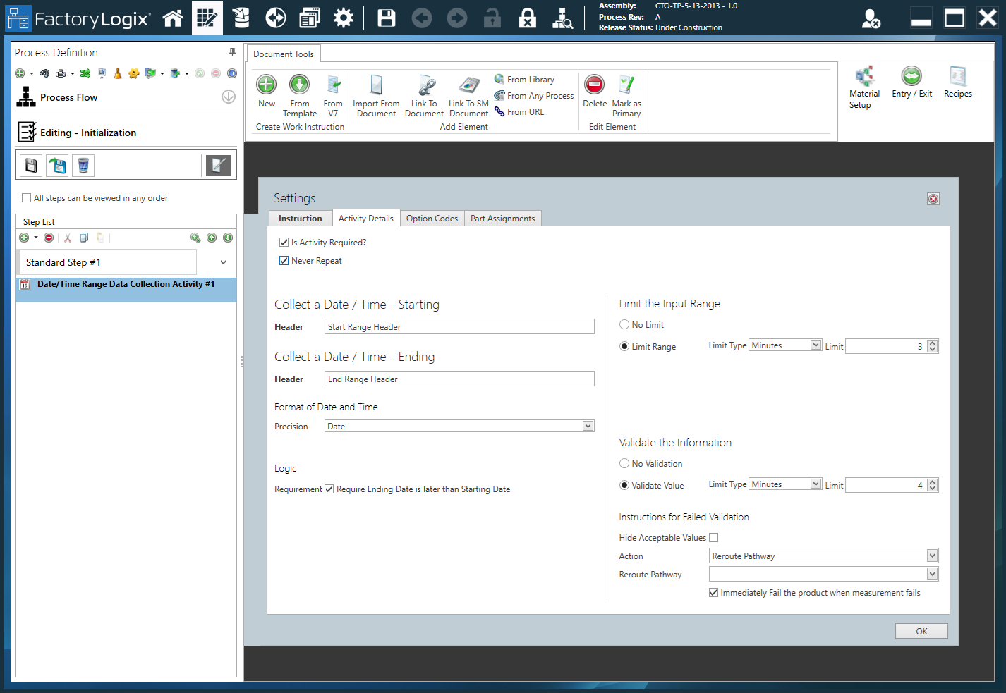 Date Time Range Collection Activity - Activity Details tab