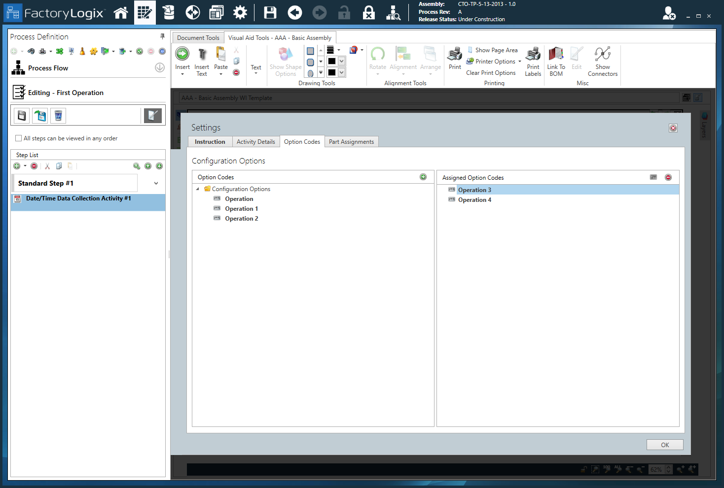 Collect a Date Time Activity - Option Codes tab