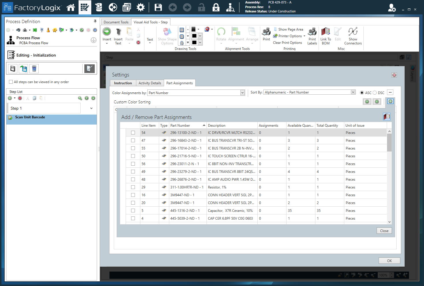Initialization Activity - Part Assignments tab