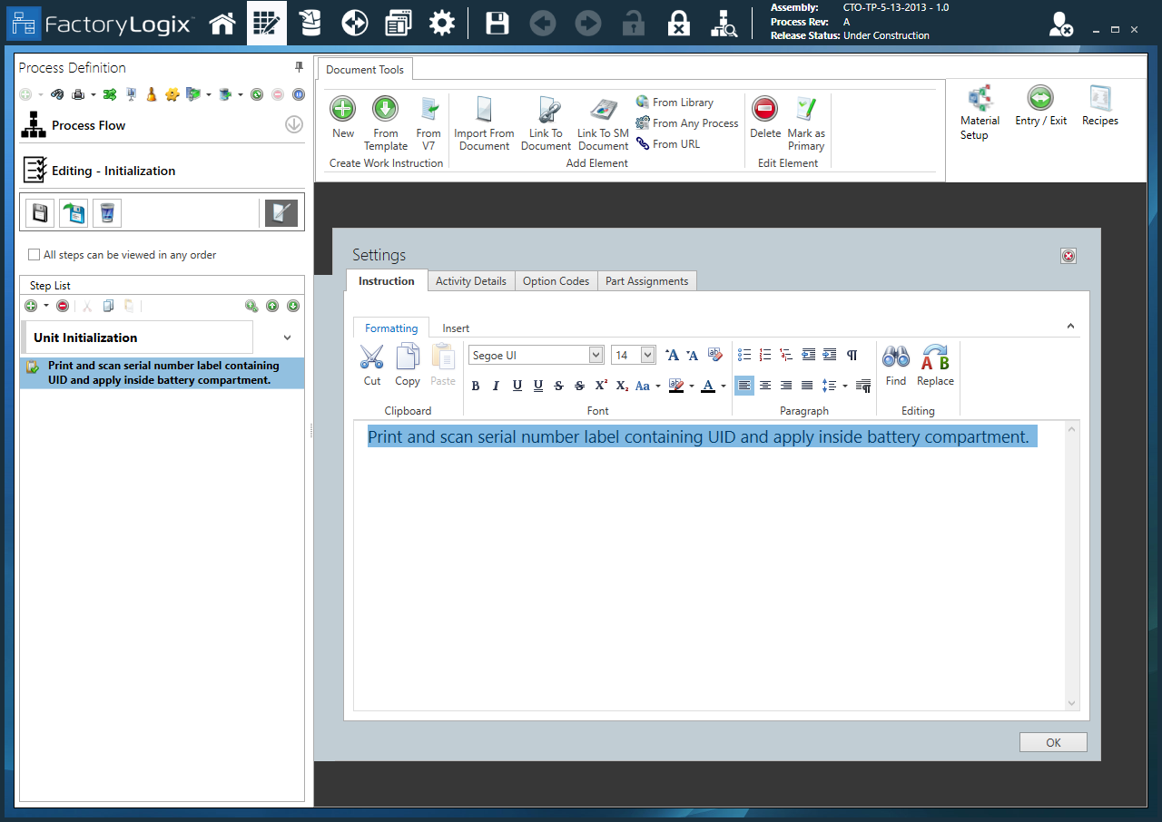 Initialization Activity - Settings dialog