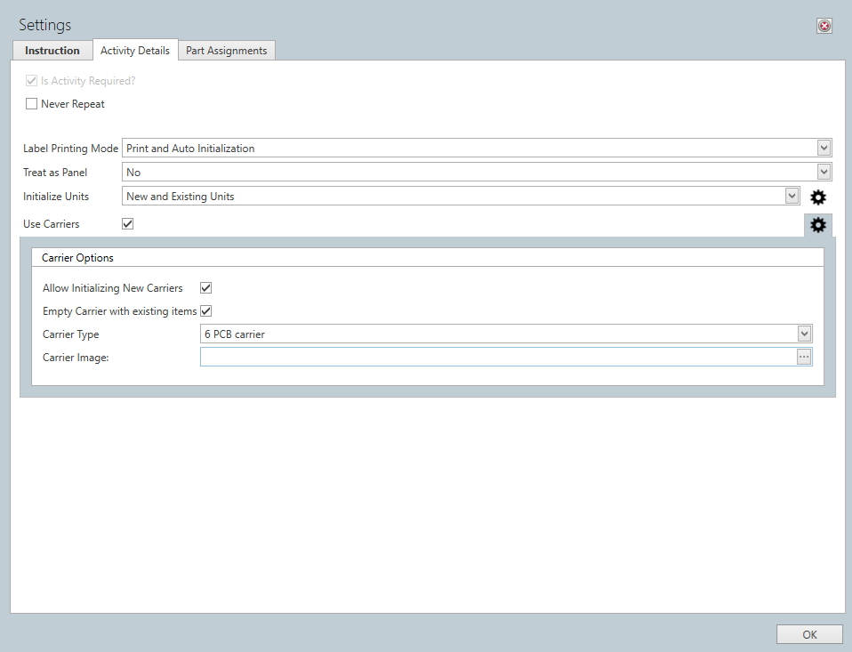 Initialization Activity Details - Carrier Options