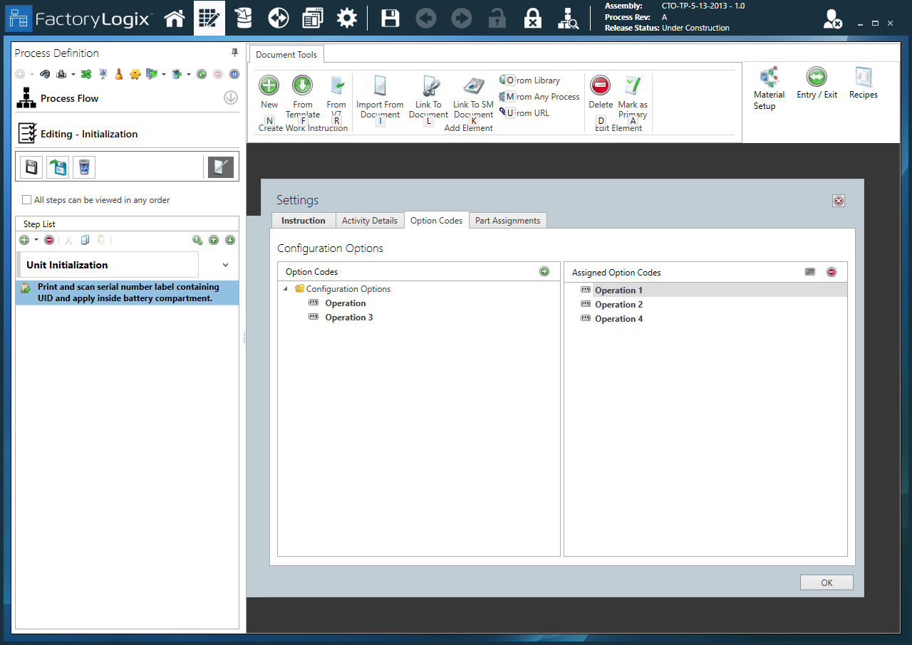 Initialization activity - Option Codes tab