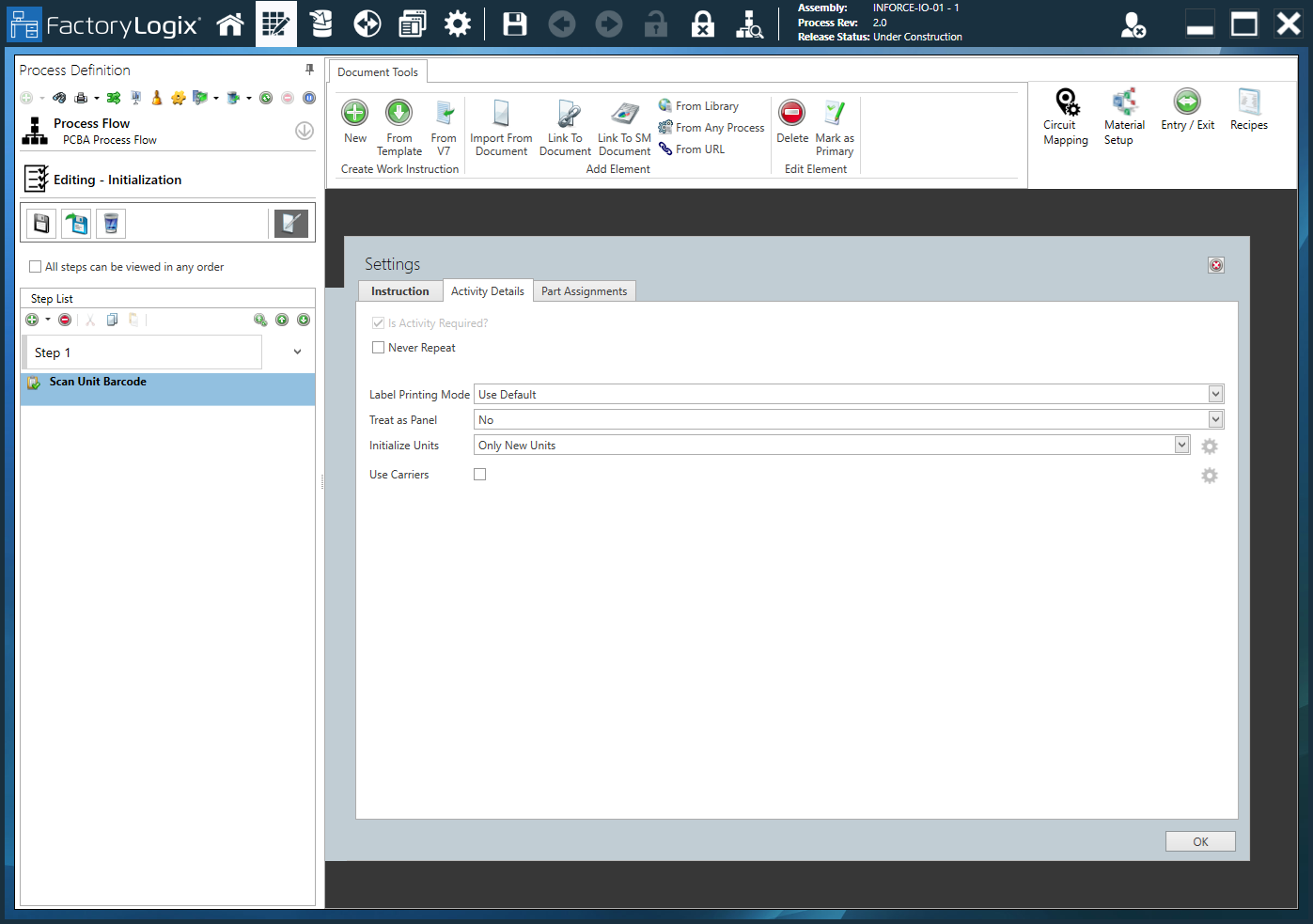 Initialization activity - Settings dialog