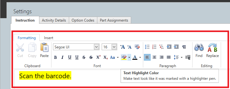 Instruction tab Formatting toolbar