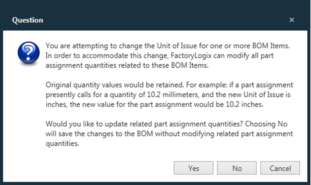 Change unit of issue dialog