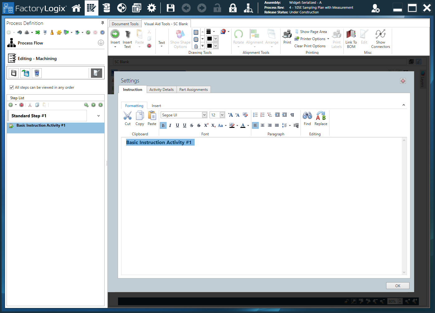 Basic Instruction Activity - Settings dialog