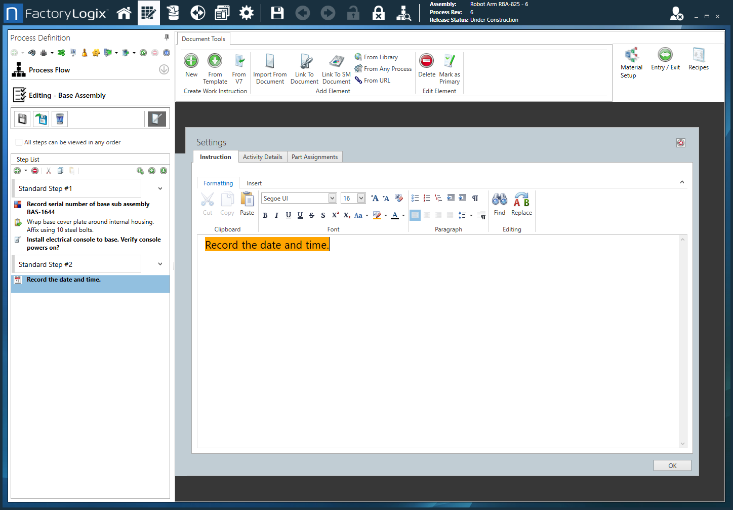 Settings dialog - Instruction tab