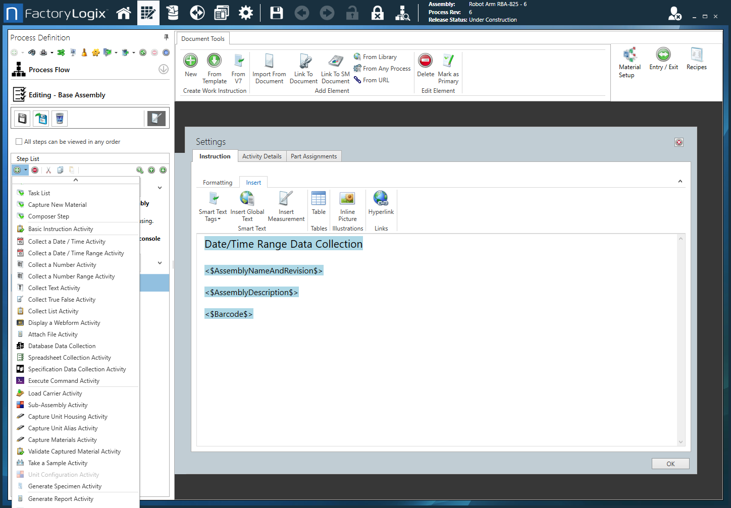 Activities drop-down in the Process Definition window