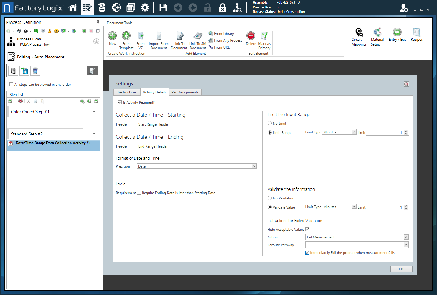 Collect a Date Time Range activity - Activity Details tab