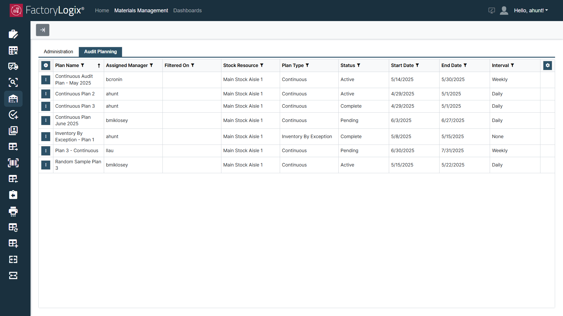 New audit plan displayed in the grid