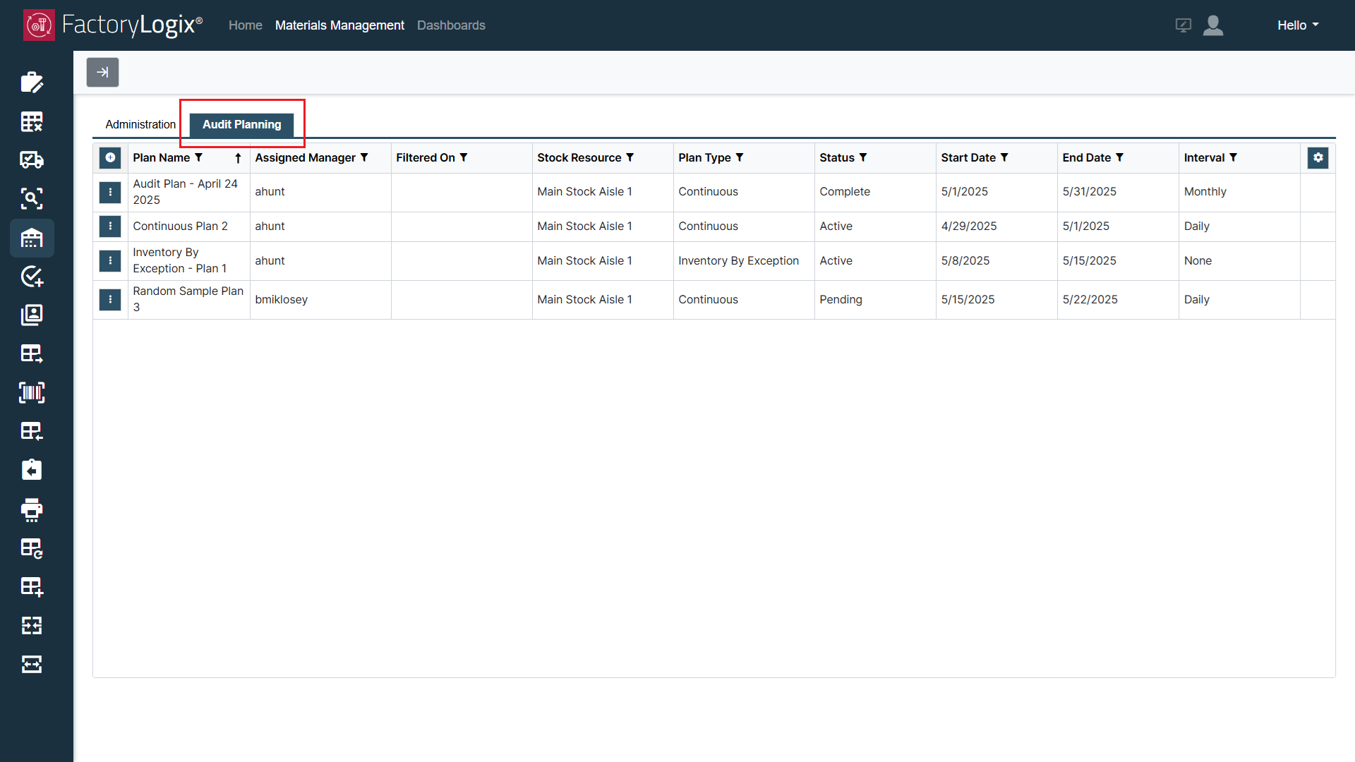 Audit Planning tab