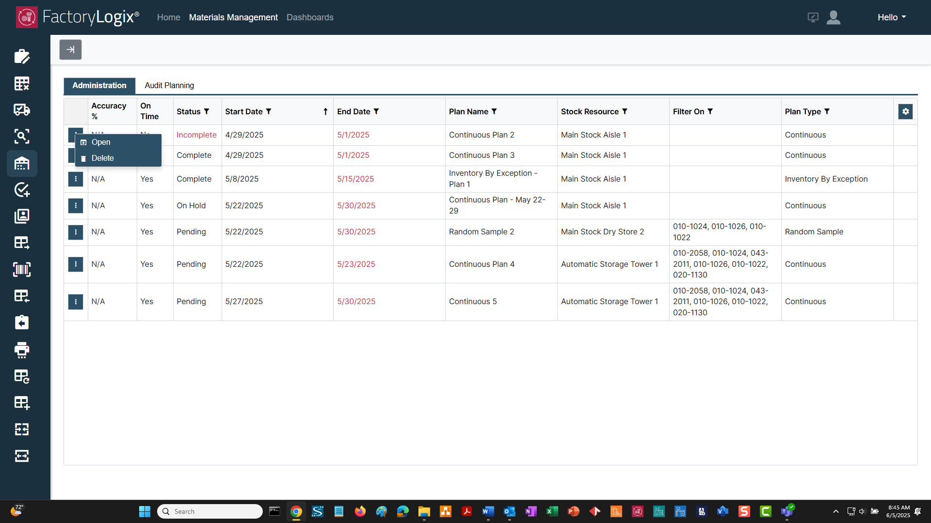 Open a plan from the Administration tab