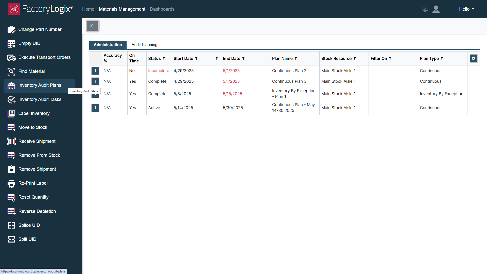 Select Inventory Audit Plans