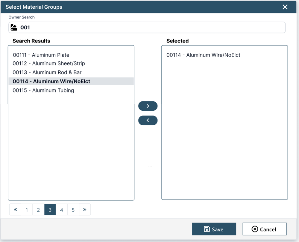 Select material Groups dialog