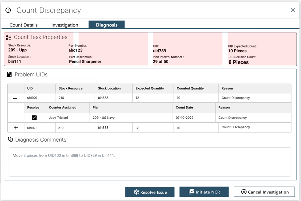 Count Discrepancy screen - Diagnosis tab