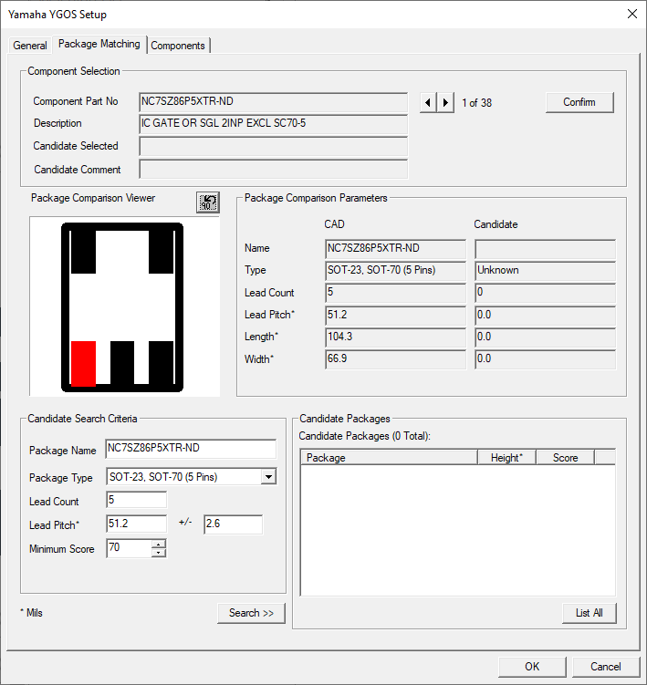 Yamaha Setup dialog - Package Matching tab