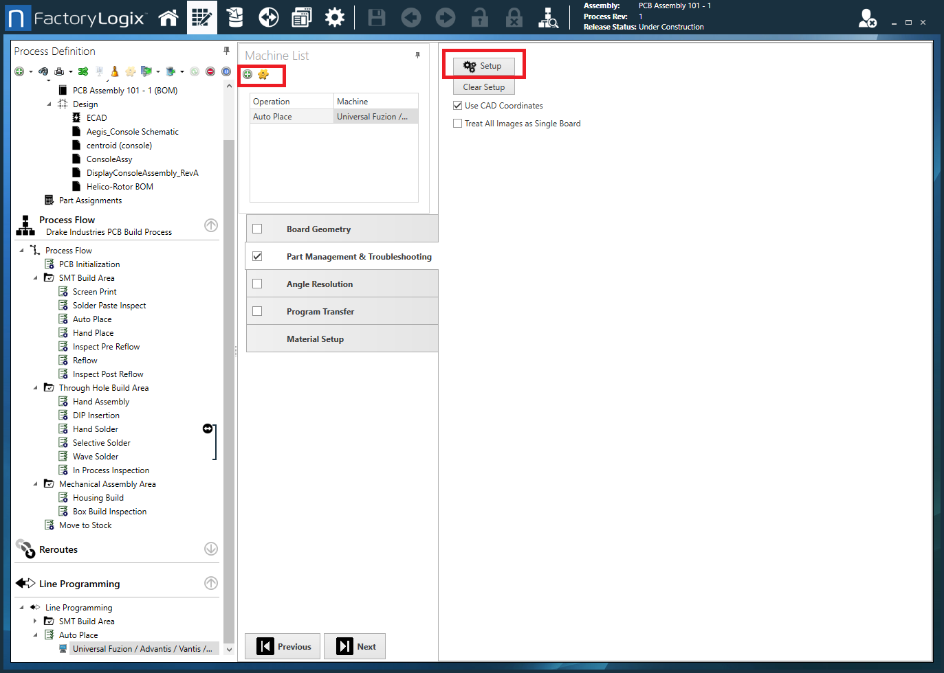 Machine List window - settings and setup data