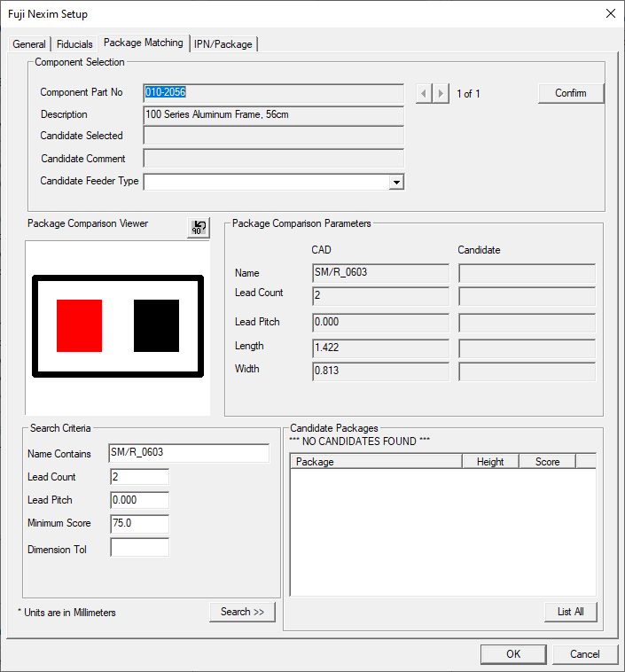 Fuji Nexim Setup dialog - Package Matching tab