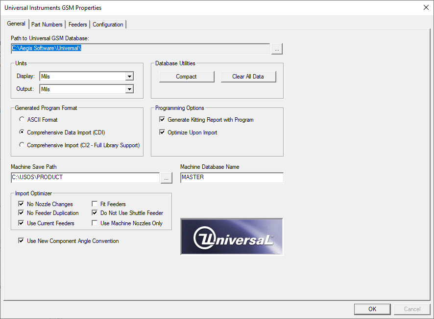 Universal Properties dialog CDI format - General tab
