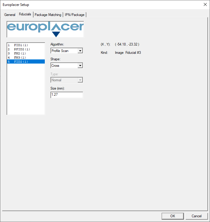 Europlacer Setup dialog - Fiducials tab