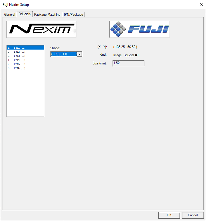 Fuji Nexim Setup dialog - Fiducials tab