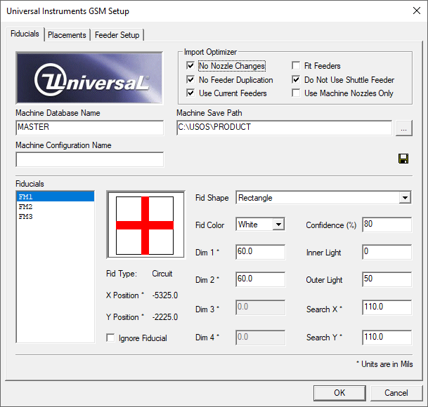 Universal Setup dialog - Fiducials tab