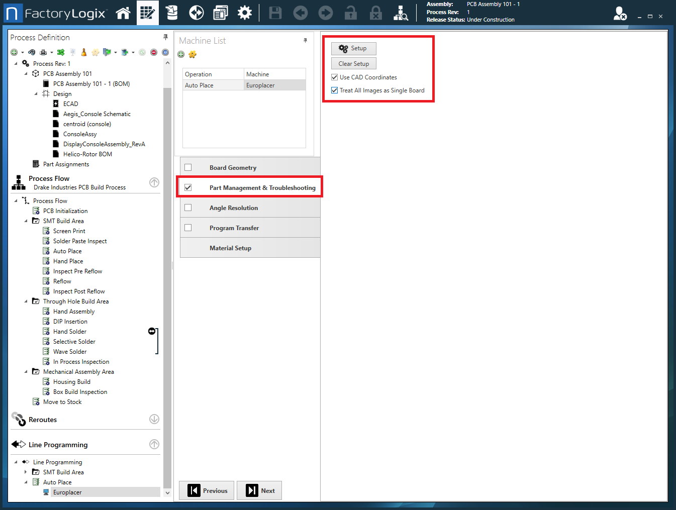 Europlacer Setup button Part Management and Troubleshooting