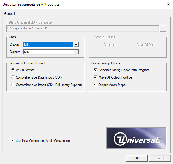 Universal Properties dialog ASCII format - General tab