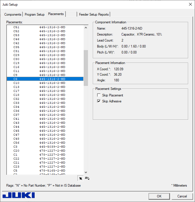 Juki Setup dialog - Placements tab