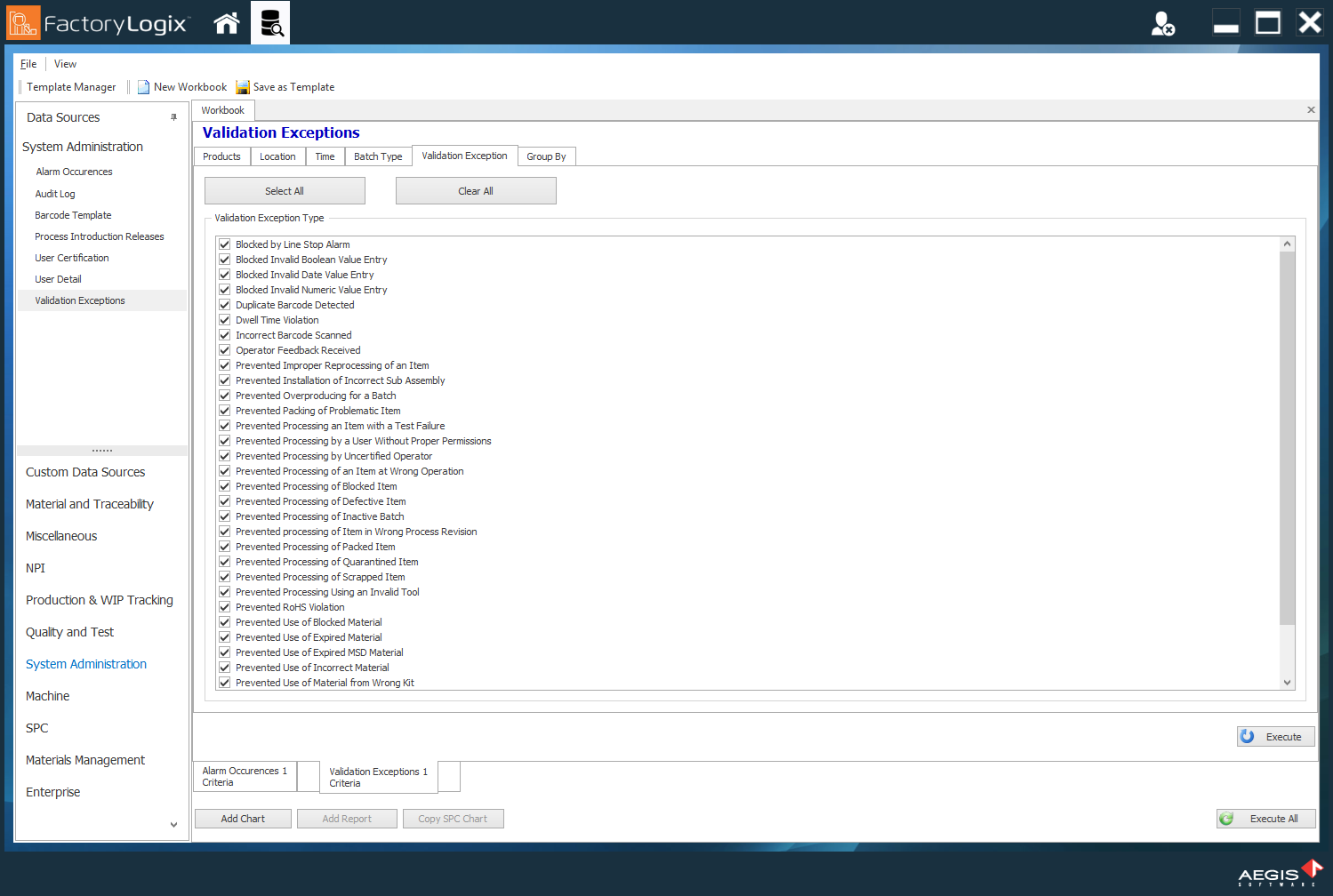 Validations and alarm types display as check boxes