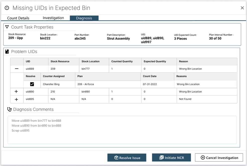 Count Discrepancy screen - Reason 2 - Diagnosis tab
