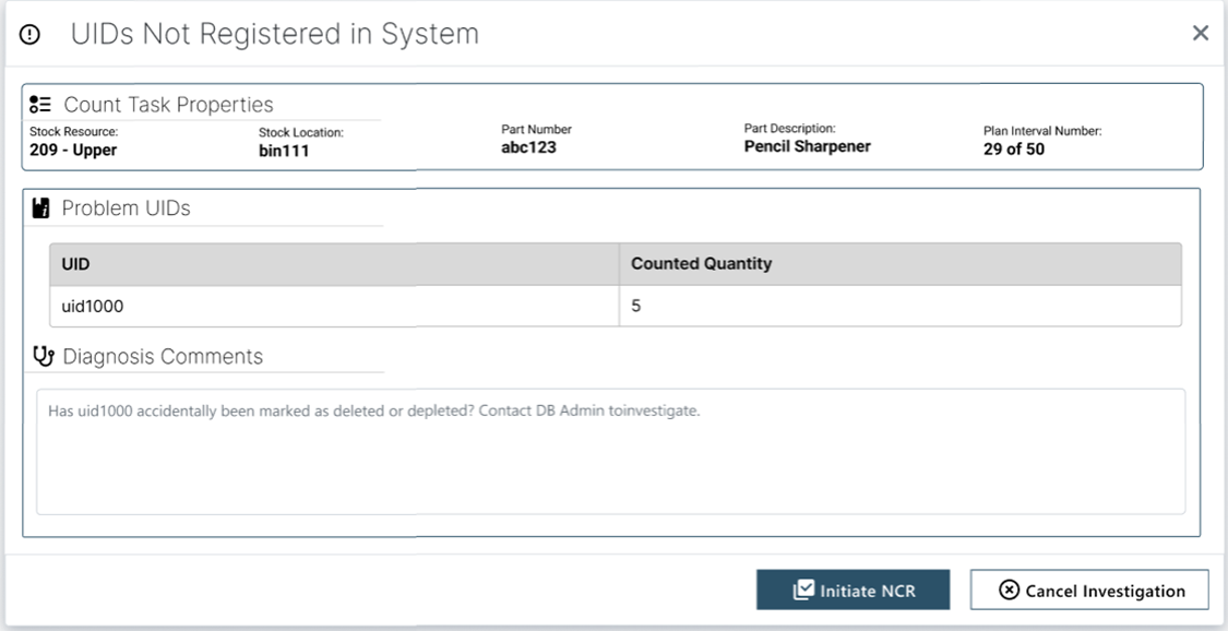 Count Discrepancy screen - Reason 5 - UIDs Not Registered in FactoryLogix