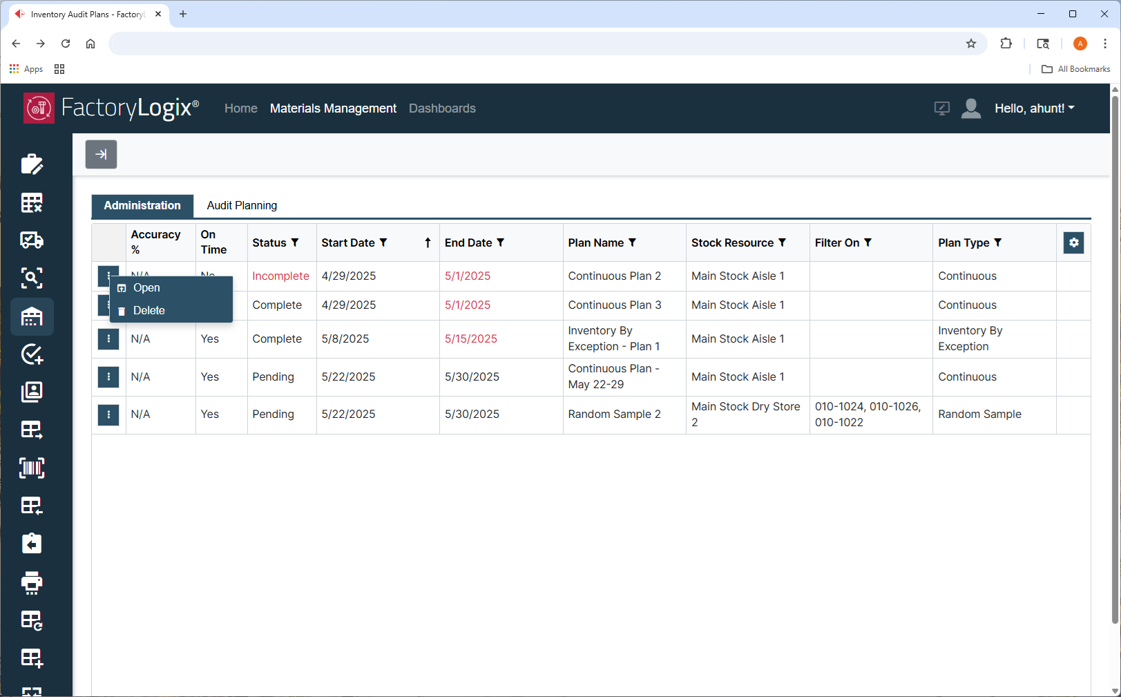 Open or delete a plan - Administration tab