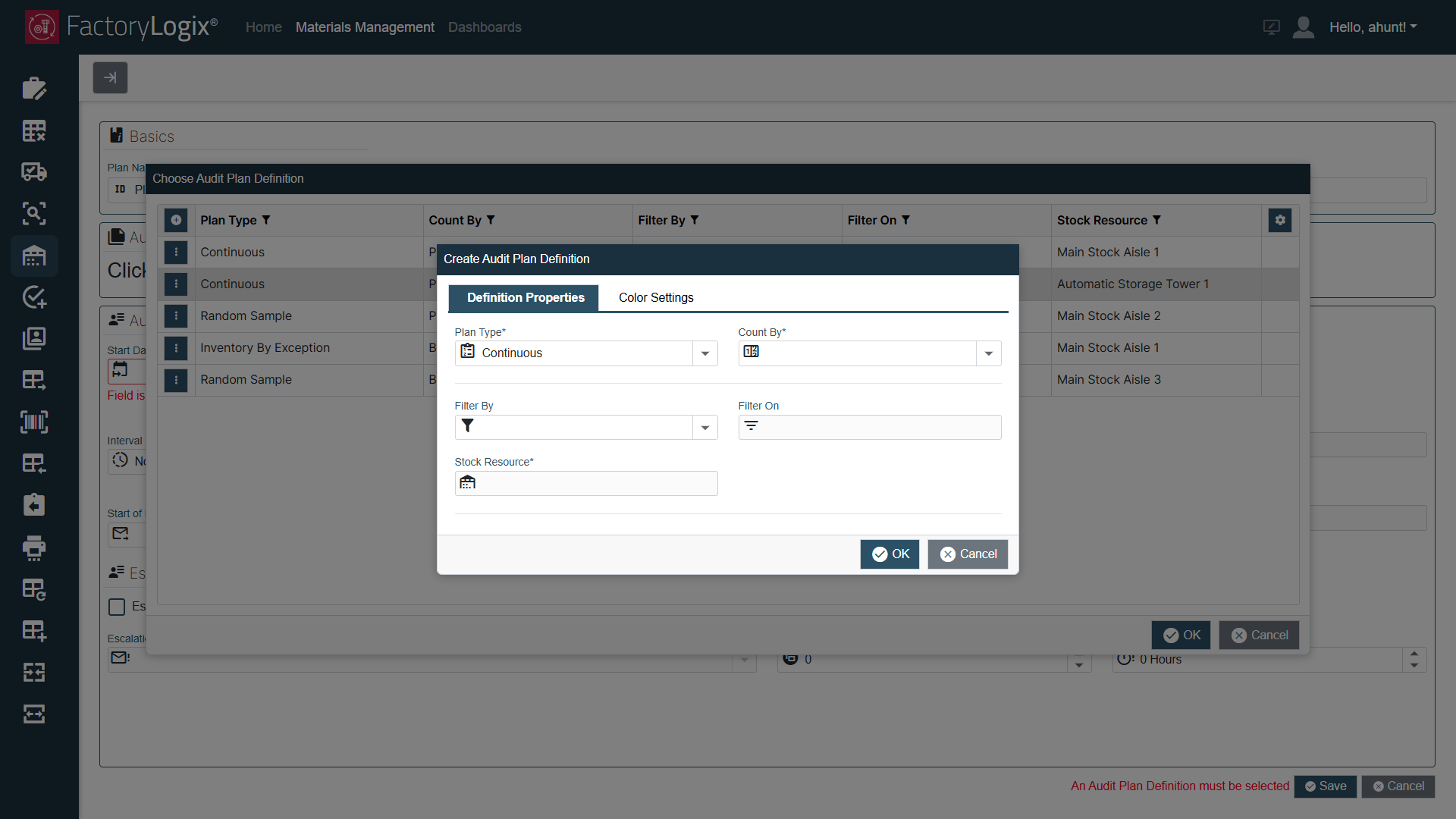 Create Audit Plan Definition dialog
