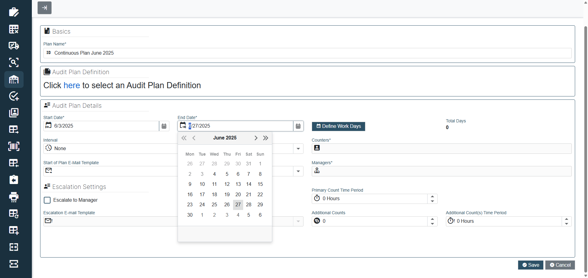 Select start and end date for an audit plan