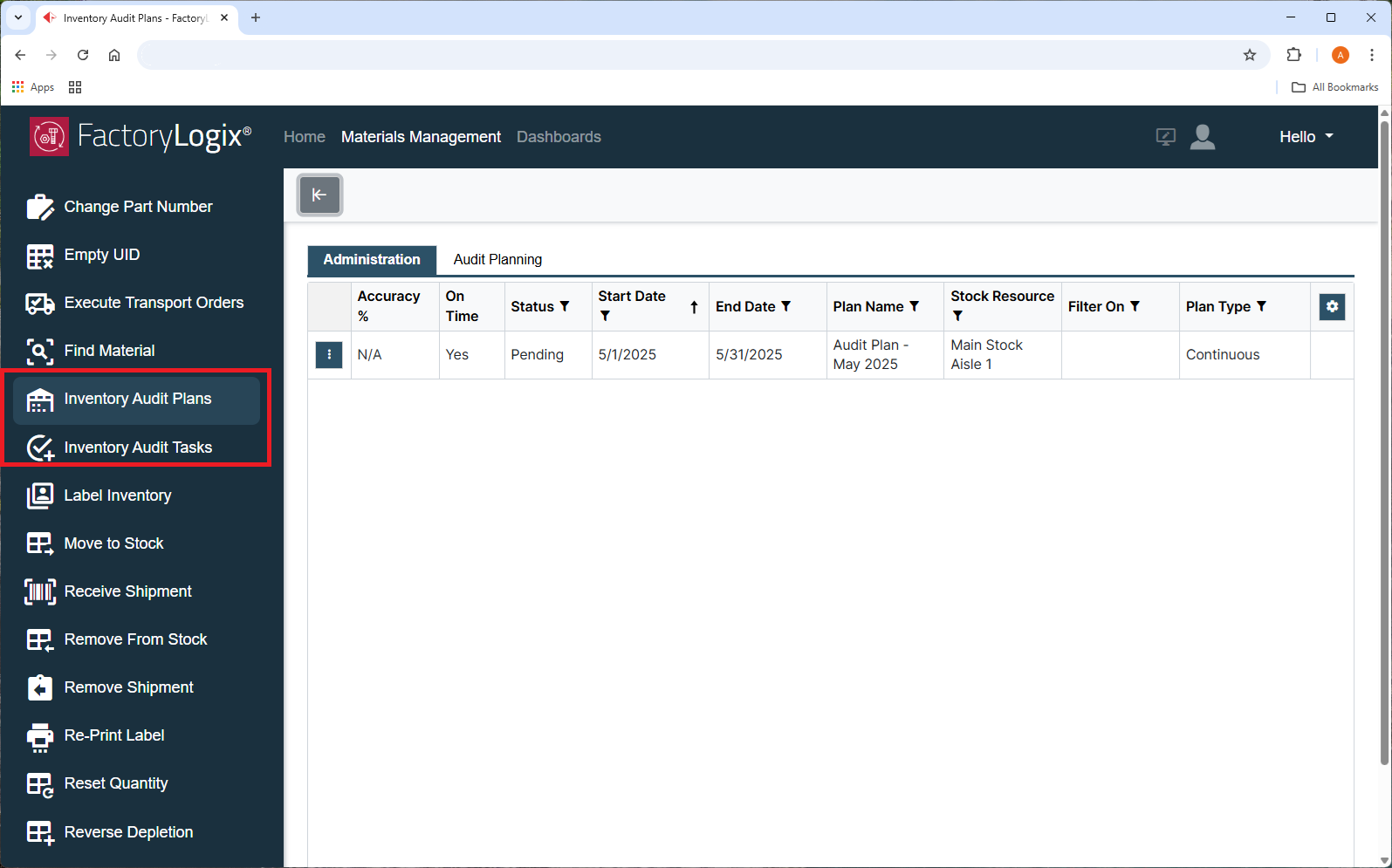 Inventory Audit Planning commands
