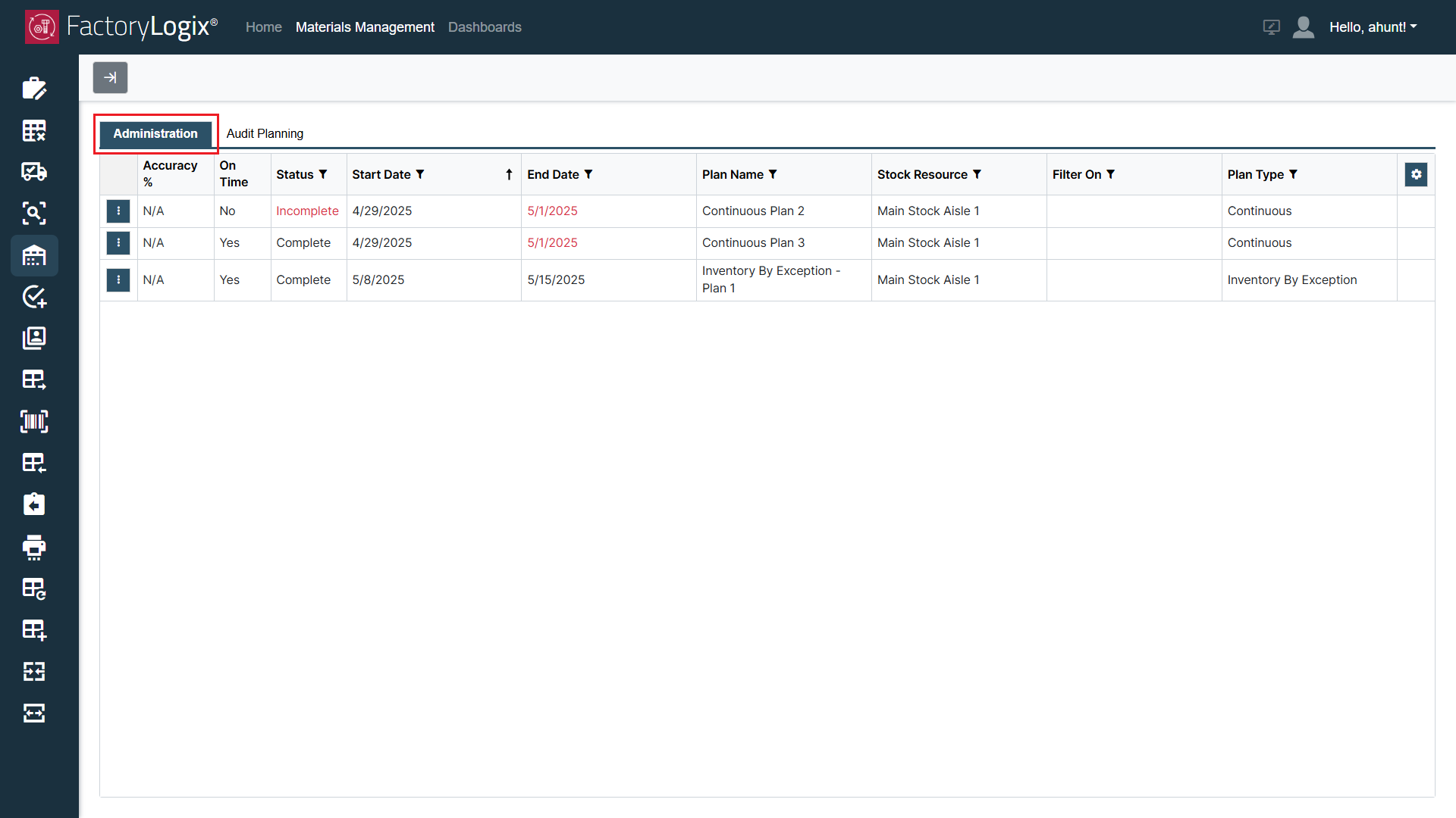 Administration tab