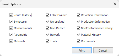 Print Options dialog for traceability data