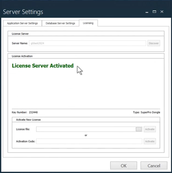 Server Settings dialog -License Server Activated message